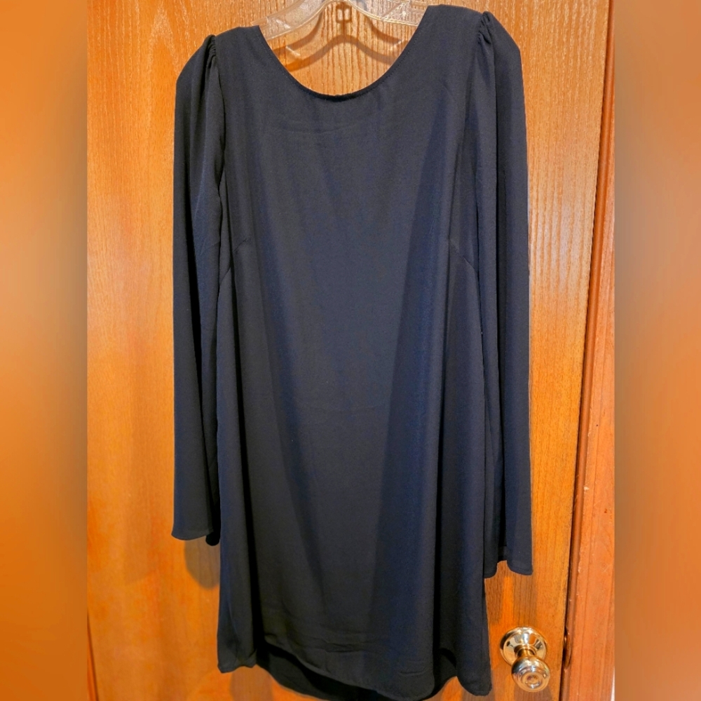 Express Black Sheath Dress with Bishop Sleeves and Fringe Open Back M